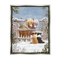 Poni i psi scena zimske farme Svečana slika Sivi plovak uokvireni umjetnički tisak zidna umjetnost