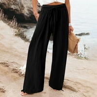 Ženske pamučne i lanene hlače, Ležerne široke hlače za plažu s elastičnim pojasom S vezicama i džepovima