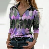 Ženske majice, Ležerne bluze, modni geometrijski print s reverom, majica s patentnim zatvaračem dugih rukava, široke majice