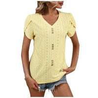 Ljetne modne košulje s manžetnom s laticama, tanki izrez u obliku slova u, Kratki rukav, jednobojni vrhovi za žene, Žuta 2 inča