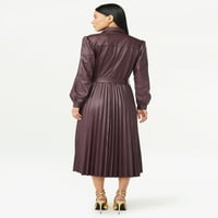Ženska plisirana Midi haljina od kože s okruglim vratom, veličine midi