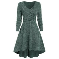 Haljina za žene, Ženska ležerna moda s dugim rukavima i dekolteom u obliku slova U, obična jednobojna široka zelena haljina u obliku