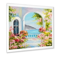 DesignArt 'ružičasti cvjetovi s tradicionalnom grčkom kućom' nautički i obalni uokvireni umjetnički tisak