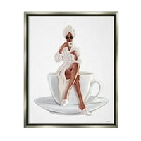Stupell Industries Chic Kava Teacup Woman Sinping Robe Sunčane naočale sjajne sive uokvirene plutajućem platnu zidne umjetnosti,