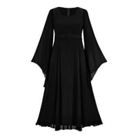 Ženske haljine, jednobojna gotička haljina s raširenim rukavima, tamno Crna Midi haljina s ramena s okruglim vratom, mrežasta dvoslojna