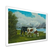 Dizajnerski crtež krave jedu travu uz jezero uokviren slikom seoske kuće