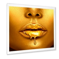 DesignArt 'Zlatna boja kaplje iz modernog uokvirenog umjetničkog tiska Sexy Girl Lips'