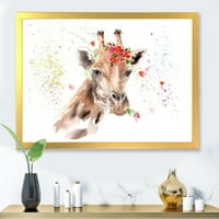 Dizajn „Portret žirafe s Red Flowers II 'Farmhouse uokvireni umjetnički tisak