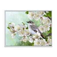 DesignArt 'siva ptica koja sjedi na grani cvjetajućih stabala' tradicionalno uokvireno platno zidno umjetnički tisak