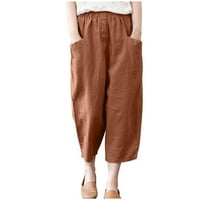 Casual ošišane hlače od pamuka i lana za žene, ljetne široke jednobojne hlače širokih nogavica, džepne hlače