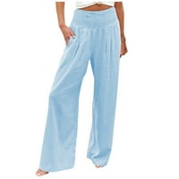 Ženske lanene hlače s elastičnim strukom, široke hlače u donjem rublju, Ležerne široke hlače za plažu s džepovima