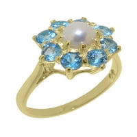 Ženski prsten od žutog zlata od 18 karata s kultiviranim biserima i plavim topazom britanske proizvodnje - opcije veličine-Veličina