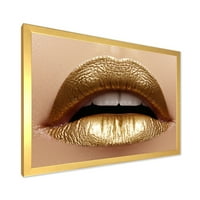 Dizajnerska umjetnost Izbliza ženskih punašnih usana sa zlatnim ružem uokvireni moderni umjetnički tisak