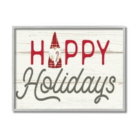Stupell Industries Happy Holidays fraza svečana plad božićna gnome siva uokvirena zidna umjetnost, 14, dizajn by pdr, llc