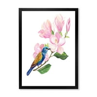 DesignArt 'Plava ptica koja sjedi na ružičastoj magnoliji' tradicionalni uokvireni umjetnički tisak